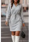 Kadın Uzun Kollu V Yakalı Kapşonlu Cep Detaylı şardonlu Iki Iplik Kısa Elbise