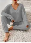 Kadın Uzun Kollu V Yakalı Kaşkorse Bluz Ve Pantolon Ikili Takım