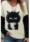 Kadın Uzun Kollu V Yakalı Kedi Baskılı şardonlu Dalgıç Bluz