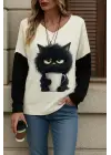 Kadın Uzun Kollu V Yakalı Kedi Baskılı şardonlu Dalgıç Bluz