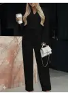 Kadın Uzun Kollu V Yakalı Keten Bluz Bağcıklı Pantolon Ikili Takım