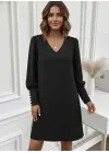 Kadın Uzun Kollu V Yakalı Kısa Ithal Krep Elbise