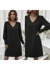 Kadın Uzun Kollu V Yakalı Kısa Ithal Krep Elbise