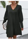 Kadın Uzun Kollu V Yakalı Kısa Ithal Krep Elbise