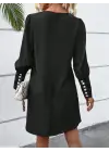 Kadın Uzun Kollu V Yakalı Kısa Ithal Krep Elbise