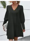 Kadın Uzun Kollu V Yakalı Kısa Ithal Krep Elbise