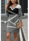 Kadın Uzun Kollu V Yakalı Kısa Triko Elbise