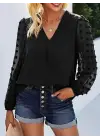 Kadın Uzun Kollu V Yakalı Kolları Popon Detaylı Sandy Bluz