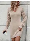 Kadın Uzun Kollu V Yakalı Mini Triko Elbise