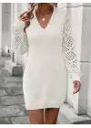 Kadın Uzun Kollu V Yakalı Mini Triko Elbise