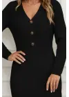 Kadın Uzun Kollu V Yakalı önden Düğmeli Kısa Triko Elbise