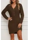 Kadın Uzun Kollu V Yakalı önden Düğmeli Kısa Triko Elbise
