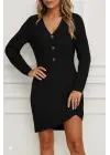 Kadın Uzun Kollu V Yakalı önden Düğmeli Kısa Triko Elbise