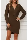 Kadın Uzun Kollu V Yakalı önden Düğmeli Kısa Triko Elbise