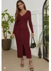 Kadın Uzun Kollu V Yakalı önden Düğmeli şardonlu Kaşkorse Elbise