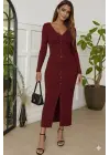 Kadın Uzun Kollu V Yakalı önden Düğmeli şardonlu Kaşkorse Elbise
