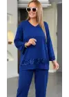Kadın Uzun Kollu V Yakalı Pulpayet Viskon Iki Iplik Bluz Ve Pantolon Takım