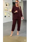 Kadın Uzun Kollu V Yakalı Pulpayet Viskon Iki Iplik Bluz Ve Pantolon Takım