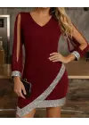 Kadın Uzun Kollu V Yakalı Pulpayetli Ithal Krep Elbise