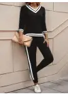 Kadın Uzun Kollu V Yakalı Ribanalı Viskon Iki Iplik Bluz Ve Pantolon Ikili Takım