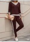 Kadın Uzun Kollu V Yakalı Ribanalı Viskon Iki Iplik Bluz Ve Pantolon Ikili Takım