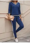 Kadın Uzun Kollu V Yakalı Ribanalı Viskon Iki Iplik Bluz Ve Pantolon Ikili Takım