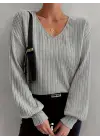 Kadın Uzun Kollu V Yakalı Salaş şardonlu Kaşkorse Bluz