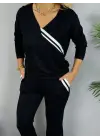 Kadın Uzun Kollu V Yakalı şerit Detaylı Viskon Iki Iplik Bluz Ve Pantolon Ikili Takım