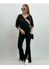 Kadın Uzun Kollu V Yakalı şerit Detaylı Viskon Iki Iplik Bluz Ve Pantolon Ikili Takım