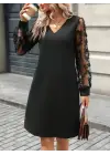 Kadın Uzun Kollu V Yakalı Tüllü Kısa Ithal Krep Mini Elbise