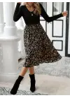 Kadın Uzun Kollu V Yakalı üst Viskon Alt çiçek Desenli Süprem Kısa Elbise