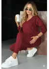 Kadın Uzun Kollu V Yakalı Viskon Iki Iplik Bluz Ve Pantolon Ikili Takım