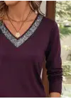 Kadın Uzun Kollu V Yakalı Viskon Mürdüm Bluz
