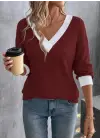Kadın Uzun Kollu V Yakalı Waffle Bluz
