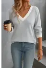 Kadın Uzun Kollu V Yakalı Waffle Bluz