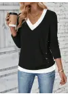 Kadın Uzun Kollu V Yakalı Yandan Düğmeli Yün Viskon Bluz