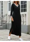 Kadın Uzun Kollu V Yakalı Yanlardan Yırtmaçlı Uzun Viskon Iki Iplik Elbise