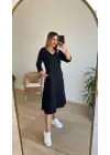Kadın Uzun Kollu V Yakalı Yanlardan Yırtmaçlı Viskon Iki Iplik Midi Elbise