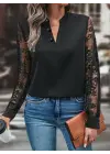 Kadın Uzun Kollu Yaka Düğme Detay Güpürlü Kol Krep Bluz