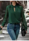 Kadın Uzun Kollu Yaka Düğme Detay Güpürlü Kol Krep Bluz