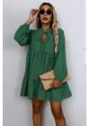 Kadın Uzun Kollu Yakadan Bağcıklı Fırfırlı Keten Mini Elbise