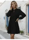 Kadın Uzun Kollu Yakadan Bağcıklı Fırfırlı Keten Mini Elbise