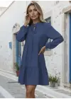 Kadın Uzun Kollu Yakadan Bağcıklı Fırfırlı Keten Mini Elbise