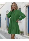 Kadın Uzun Kollu Yakadan Bağcıklı Fırfırlı Keten Mini Elbise