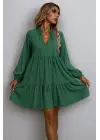 Kadın Uzun Kollu Yakadan Bağcıklı Fırfırlı Keten Mini Elbise