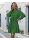 Kadın Uzun Kollu Yakadan Bağcıklı Fırfırlı Keten Mini Elbise