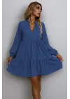 Kadın Uzun Kollu Yakadan Bağcıklı Fırfırlı Keten Mini Elbise