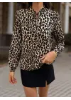 Kadın Uzun Kollu Yakadan Bağcıklı Leopar Desenli Süprem Bluz