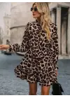 Kadın Uzun Kollu Yakadan Bağcıklı Modal Leopar Desenli Mini Elbise
