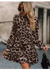 Kadın Uzun Kollu Yakadan Bağcıklı Modal Leopar Desenli Mini Elbise
